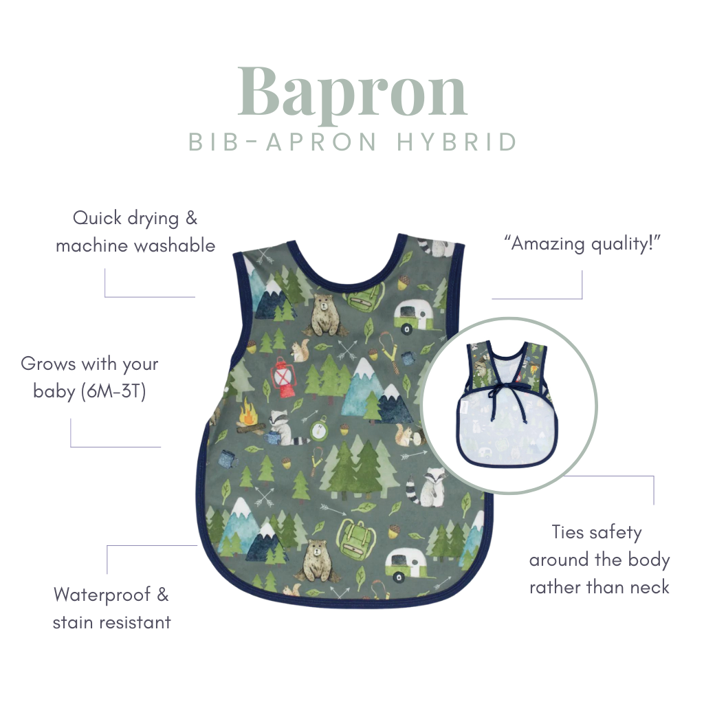 Camping Bears Bapron, a bib-apron hybrid with features such as machine washable, stain resistant and amazing quality