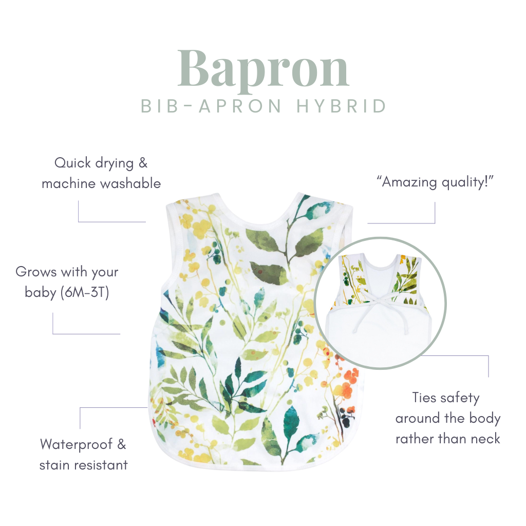 Boho Leaves Bapron, a bib-apron hybrid that grows with your baby into toddlerhood