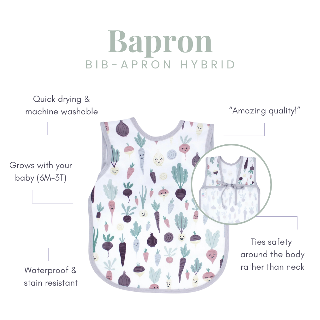 Root Vegetables Bapron, a bib-apron hybrid with features such as machine washable, stain resistant and grow with your baby from 6 months through toddlerhood
