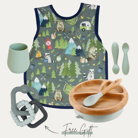 Wild Little Berry Beginner Bites Mealtime Kit in Camping Bears. Feeding gear and guidance for starting solids.
