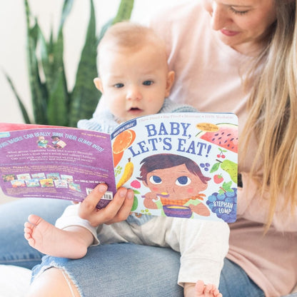 Mom and Baby reading Baby, Let's Eat book